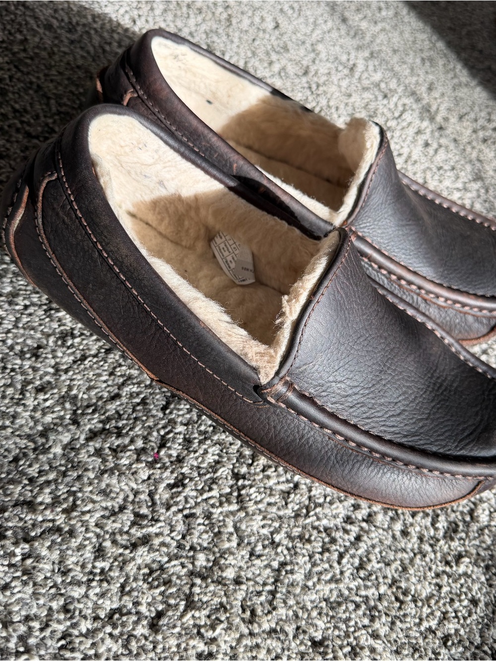 UGG Men's Dark Brown Faux-Leather Slip-On Moccasins with Cream Shearling Lining